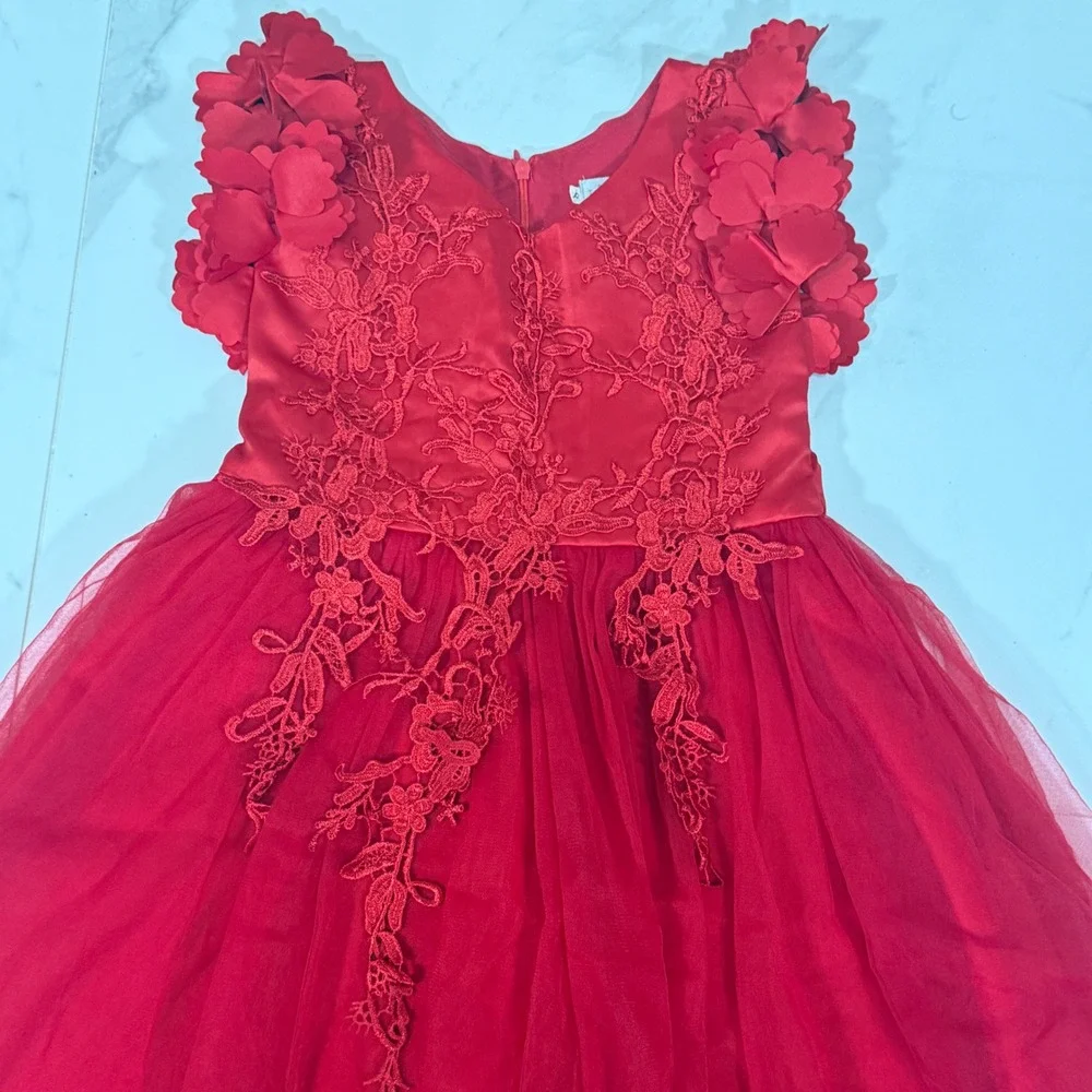 Trish Scully Child Red Tulle Lace 3D Floral Formal Party Dress Size 8 Sleeveless
